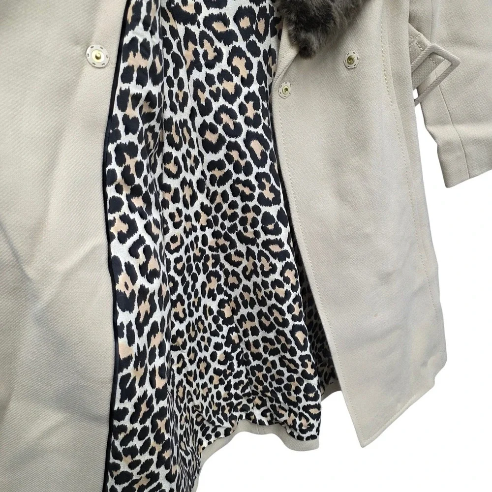 Kate Spade Briella‎ Wool Blend Belted Coat Faux Fur Collar Leopard Lined Winter